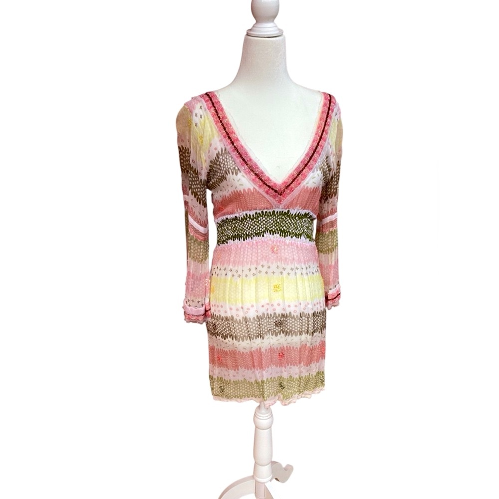 Letarte Silk Beaded Long Sleeve V neck Dress with sequin flowers